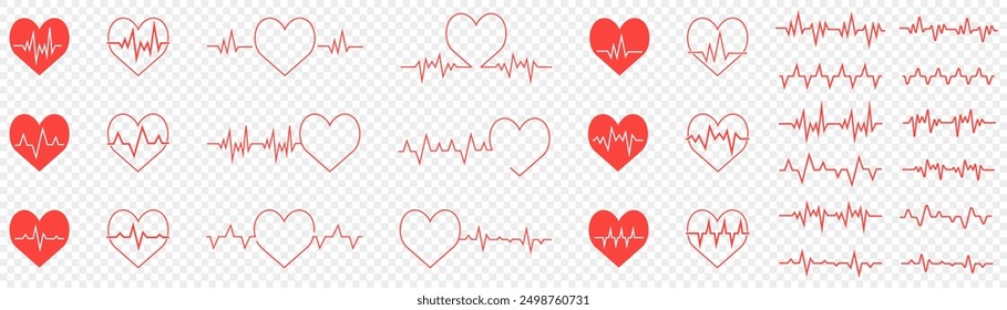 Colección de ícono de latidos. Conjunto de iconos rojos del pulso de la cardiología