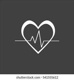 Heartbeat icon flat. Vector white illustration isolated on black background. Flat symbol