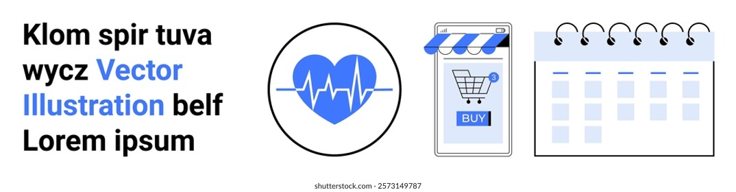 Heartbeat icon, online shopping interface, and calendar. Ideal for e-commerce, health tracking, scheduling, digital marketing, productivity tools, and time management applications. Banner for landing