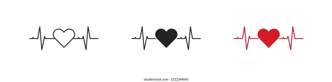 Heartbeat icon. Red heart. Flat design. Love symbol. Concept of electrocardigram, sport. Signs of rythm, healthy life. Vector illustration.