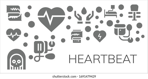 heartbeat icon set. 11 filled heartbeat icons. Included Cardiogram, Heartbeat, Death, Defibrillator, Blood donation, Blood pressure, Sphygmomanometer, Exercise icons
