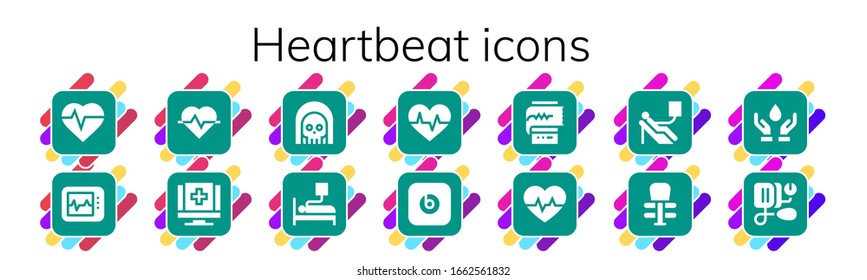 Herzschlag Symbol gesetzt. 14 gefüllte Herzschlagsymbole.  Einfache, moderne Symbole wie: Herzschlag, Elektrokardiogramm, Kardiogramm, Medizin, Tod, Blutspende, Pille Beats, Übung, Blutdruck
