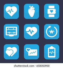 Heartbeat icon. set of 9 filled heartbeat icons such as heart organ, hearts, cardiogram