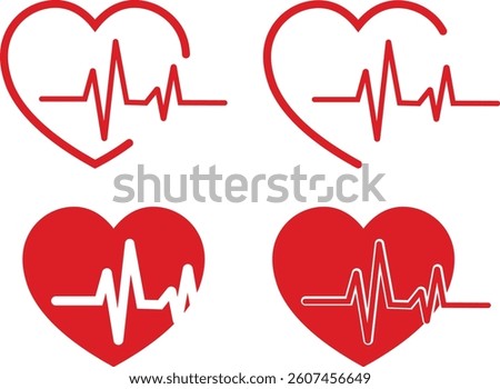 Heartbeat icon set. Heart shape with pulse line vector isolated on transparent background. Continuous lines heart beats drawing, Wave pulse. Signs of rhythm, healthy life symbol. Vector illustration.