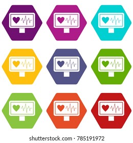 Heartbeat icon set many color hexahedron isolated on white vector illustration
