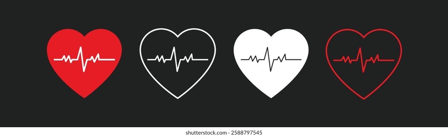 Heartbeat icon set in red and black color. Heart shape with pulse line. Heartbeat pulse flat icon for medical apps and websites. Vector illustration. Heart vector icons. Set of heartbeat icon.