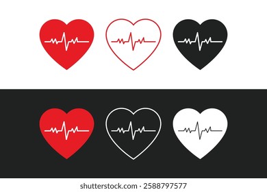 Heartbeat icon set in red and black color. Heart shape with pulse line. Heartbeat pulse flat icon for medical apps and websites. Vector illustration. Heart vector icons. Set of heartbeat icon.