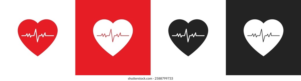 Heartbeat icon set in red and black color. Heart shape with pulse line. Heartbeat pulse flat icon for medical apps and websites. Vector illustration. Heart vector icons. Set of heartbeat icon.