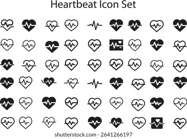Heartbeat Icon Set. Heartbeat silhouette, Heart beat one line, Continuous lines heart beats drawing, Wave pulse.
