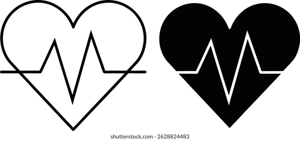 Heartbeat icon showing healthy pulse medical concept with two different black and white versions