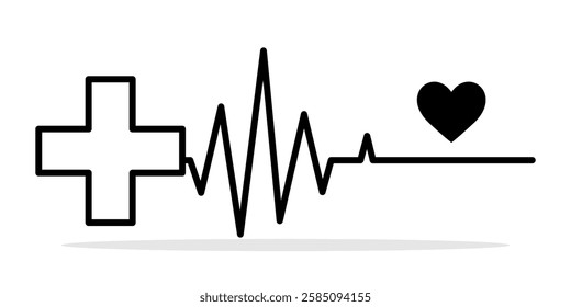 Heartbeat icon. Simple black and white heartbeat line with medical cross icon. Concept of healthcare and medicine. Vector illustration