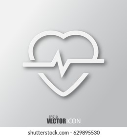 Heartbeat icon in white style with shadow isolated on grey background. For your design, logo. Vector illustration.