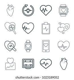 Heartbeat icons. set of 16 editable outline heartbeat icons such as heart organ, cardiogram, heart rate watch