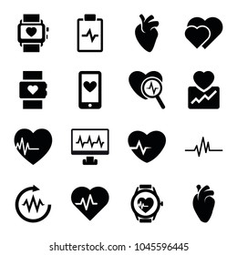 Heartbeat icons. set of 16 editable filled heartbeat icons such as hearts, heart rate watch, heart organ