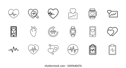Heartbeat icons. set of 18 editable outline heartbeat icons: hearts, cardiogram, heart rate watch