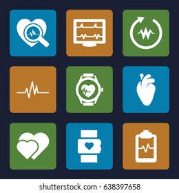 Heartbeat icons set. set of 9 heartbeat filled icons such as heart organ, hearts