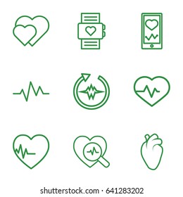 Heartbeat icons set. set of 9 heartbeat outline icons such as heart organ, hearts