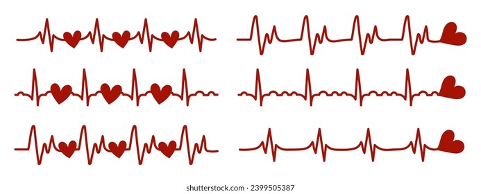 Heartbeat, icons set. Red heart beats on a checkered sheet. Cardiogram of the heart. Design elements, doodles, vector