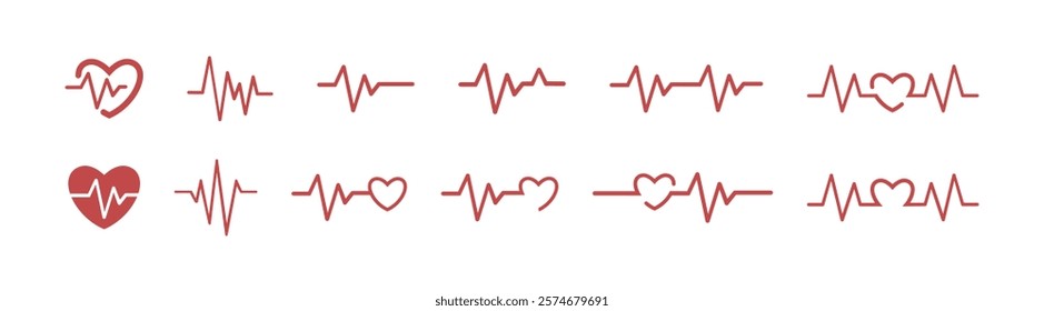 Heartbeat illustration sign collection. Pulse icon vector set. Heart rhythm symbol. Cardiology logo. Heart, pulse, heartbeat, cardiogram isolated icons