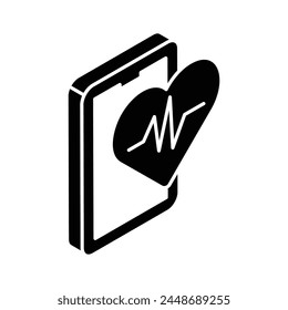 Heartbeat inside heart with mobile, concept isometric vector of health app