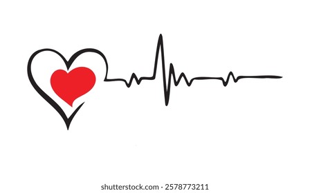 Heartbeat Life Line, A simple yet powerful graphic illustration of a red heart encased in a black outline, connected to an electrocardiogram (ECG) wave tracing, symbolizing vital signs and life,