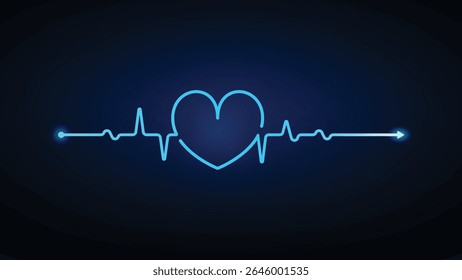Heartbeat lifeline pulse trace with a heart shape on a dark blue background. Represents health, medicine, and technology in a modern illustration.