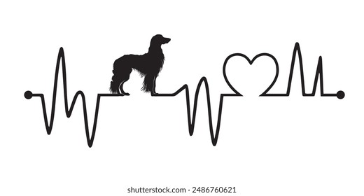 Línea Heartbeat con la silueta de Perro Perro de Perro Afgano, frecuencia de Perro y Latido con Corazón Amor ilustración Vector