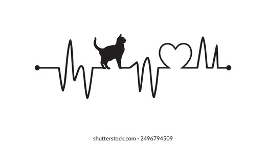 Heartbeat line with American Bobtail Cat silhouette, Cat and Heartbeat frequency with Heart Love illustration
