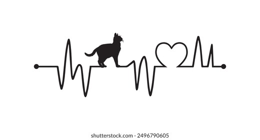 Heartbeat line with American Shorthair Cat silhouette, Cat and Heartbeat frequency with Heart Love illustration
