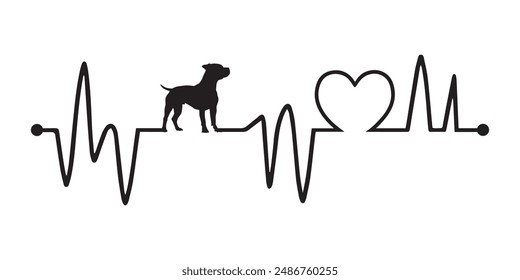 Heartbeat line with American Staffordshire Terrier Dog silhouette, Dog and Heartbeat frequency with Heart Love illustration vector
