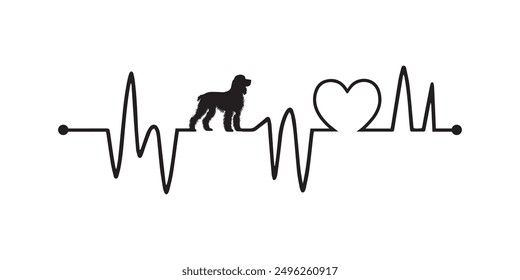 Heartbeat line with American Water Spaniel Dog silhouette, Dog and Heartbeat frequency with Heart Love illustration vector
