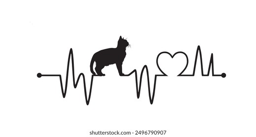 Heartbeat line with American Wirehair Cat silhouette, Cat and Heartbeat frequency with Heart Love illustration
