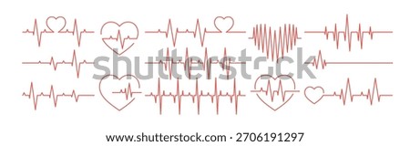 Heartbeat line art set. Cardiogram wave, curve, heart beat rate, medical graph in lineart style. Pulse, rhythm, cardiac frequency. Health concept. Flat vector illustration isolated on white background