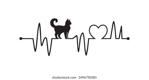 Heartbeat line with Balinese Cat silhouette, Cat and Heartbeat frequency with Heart Love illustration
