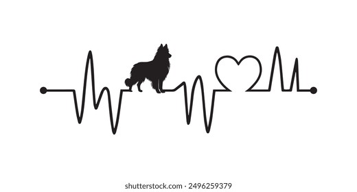 Heartbeat line with Belgian Tervuren Dog silhouette, Dog and Heartbeat frequency with Heart Love illustration vector