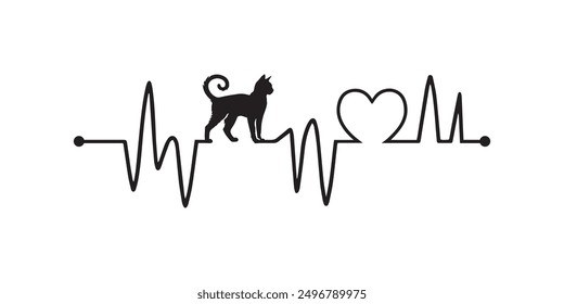 Heartbeat line with Bengal Cat silhouette, Cat and Heartbeat frequency with Heart Love illustration
