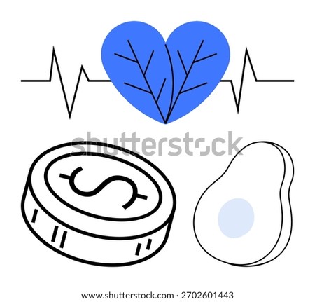 Heartbeat line with blue leaf inside heart, dollar coin, and avocado. Ideal for health, wellness, finance nutrition healthcare economy lifestyle. Line metaphor. Line metaphor. Simple line icons