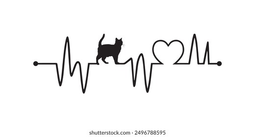 Heartbeat line with Bombay Cat silhouette, Cat and Heartbeat frequency with Heart Love illustration