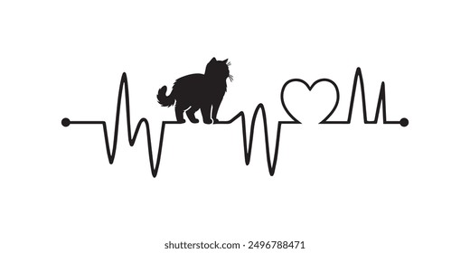 Heartbeat line with British Shorthair Cat silhouette, Cat and Heartbeat frequency with Heart Love illustration
