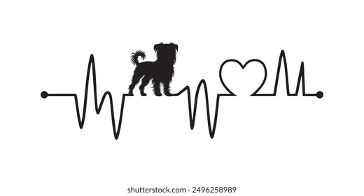 Heartbeat line with Brussels Griffon Dog silhouette, Dog and Heartbeat frequency with Heart Love illustration vector