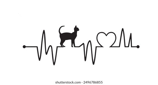 Heartbeat line with Burmese Cat silhouette, Cat and Heartbeat frequency with Heart Love illustration
