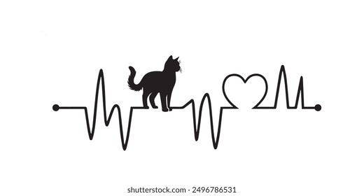 Heartbeat line with Burmilla Cat silhouette, Cat and Heartbeat frequency with Heart Love illustration