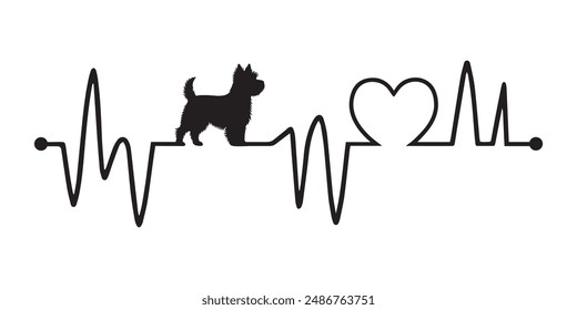 Línea Heartbeat con la silueta del perro de Cairn Terrier, frecuencia del perro y del latido del corazón con el Vector de la ilustración del amor del corazón