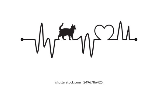 Heartbeat line with Chartreux Cat silhouette, Cat and Heartbeat frequency with Heart Love illustration