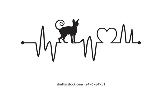 Heartbeat line with Cornish Rex Cat silhouette, Cat and Heartbeat frequency with Heart Love illustration