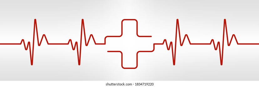 Heartbeat line with cross shape. One red plus in pulse. Cardio rate. Electrocardiogram or ECG. Healthcare design icon. First aid X sign. Life rescue. Medical vector illustration.