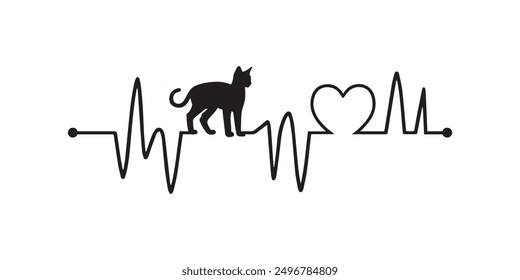 Heartbeat line with Egyptian Mau Cat silhouette, Cat and Heartbeat frequency with Heart Love illustration
