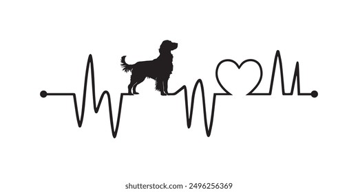 Heartbeat line with English Setter Dog silhouette, Dog and Heartbeat frequency with Heart Love illustration vector