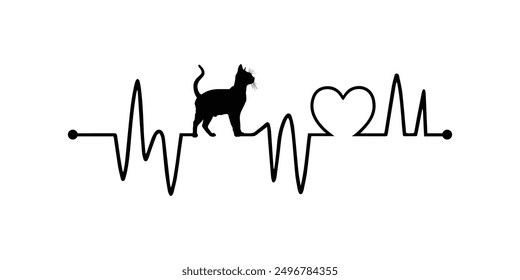 Heartbeat line with European Burmese Cat silhouette, Cat and Heartbeat frequency with Heart Love illustration
