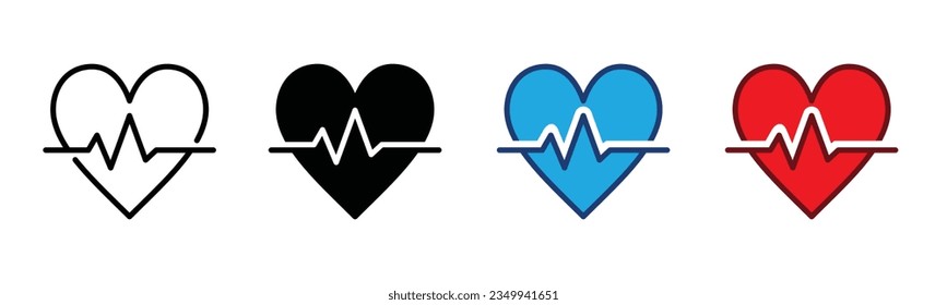 Heartbeat line and flat icons set. Heart rate, pulse, beating heart rate icon symbol on white background for medical care apps and websites. Vector illustration